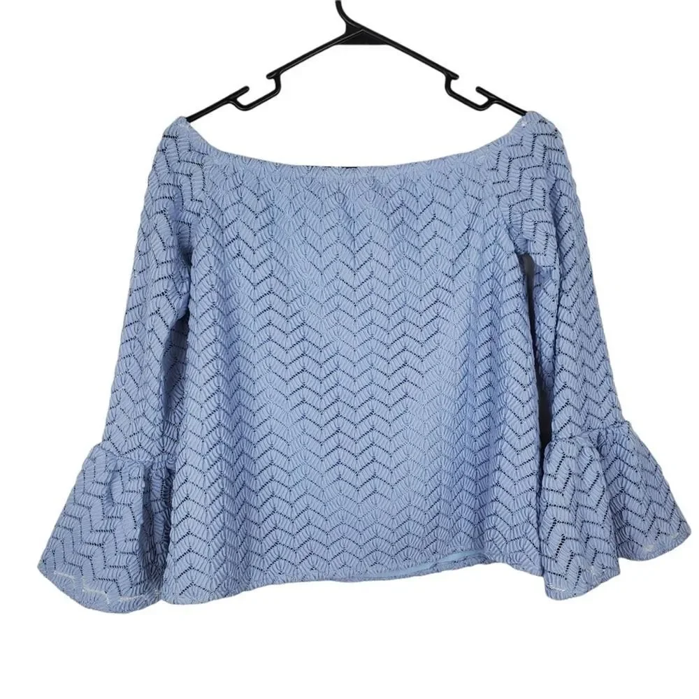 English Factory Crochet Lace Off Shoulder Flare Bell Sleeve Blouse Top Shirt